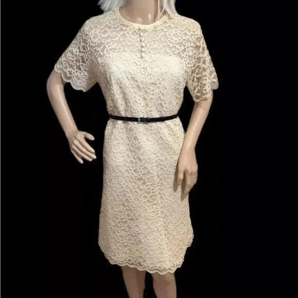 Vintage 60s Ivory Lace MOD Short Sleeve Dress Sz Small Summer Knee Length - Picture 3 of 12